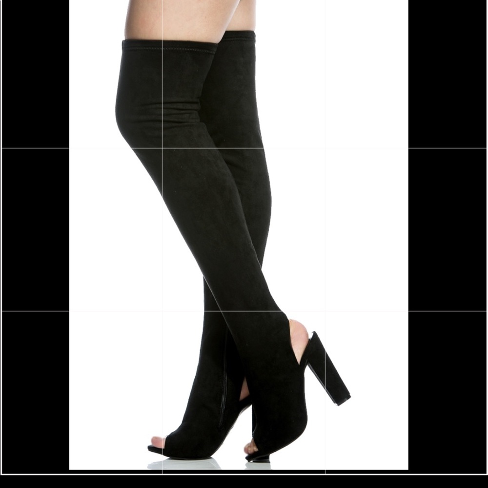 Open toe thigh hi black boots